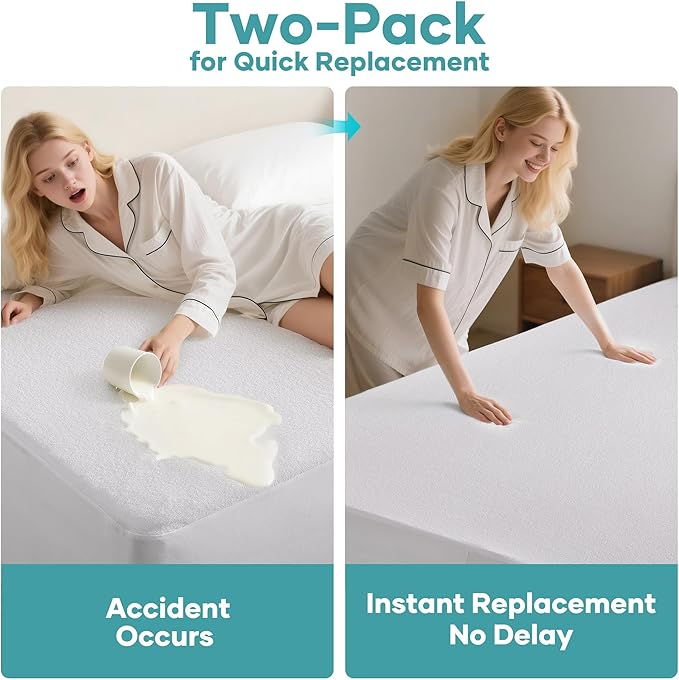 OhGeni 2 Pack Queen Size Mattress Protector, 100% Waterproof, Fitted Sheet with Deep Pockets, 6''-18'', Premium Noiseless Breathable Soft Material, Mattresses Cover for Bed