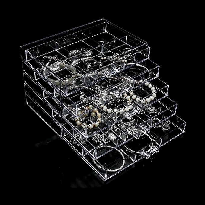 Clear Acrylic Jewelry Storage Box, Earring Jewelry Organizer with 5 Drawers, 5-Layer Jewelry Box for Women, Earrings Display Holder for Ring Bracelet Necklace, 30 Grids Compartment Storage Box by Euedue