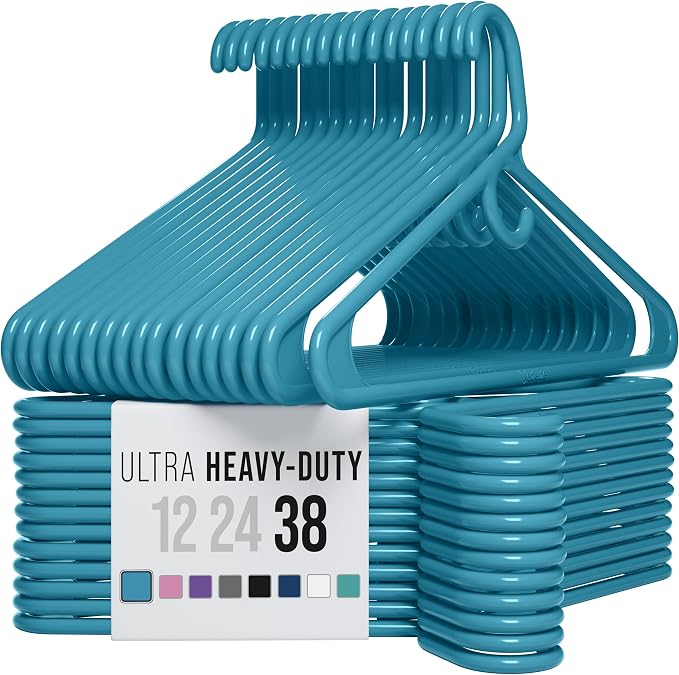 NEATERIZE Thick Heavy Duty Hangers - Blue Plastic Clothes Hangers 38 Pack - Great for Coat Hanger, Jackets Jeans & Suit Hanger for Closet - New Apartment Essentials Percheros Ganchos para Colgar Ropa by Neaterize