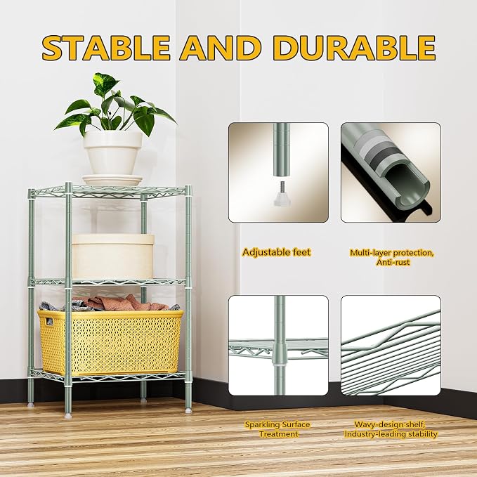 M MZG 750 lbs 3-Shelf Storage Shelves Wire Shelving Unit Standing Metal Rack for Small Places Narrow Wire Rack for Bathroom, Green 13.8 D x 13.8" W x 25.5" H - Image 6