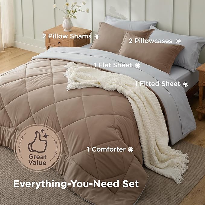 Bedsure Full Size Comforter Set - 7 Pieces Reversible Brown Bedding, Full Size Bed Set for All Seasons, Bed in a Bag with Down Alternative Comforter, Sheets, Pillowcases & Shams