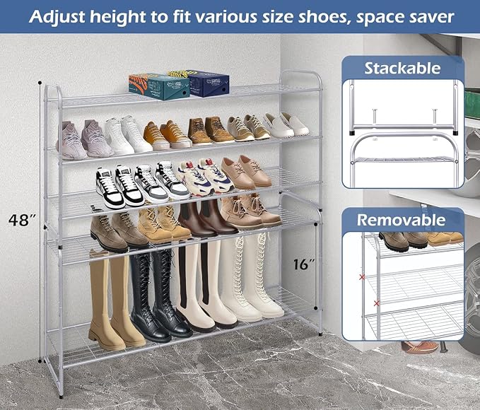 KEETDY 3-Tier Long Shoe Rack for Closet Metal Shoe Organizer for Entryway, Wide Stackable Shoe Storage Shelf with Sturdy Wire Grid for Closet Floor, Bedroom, Grey - Image 5