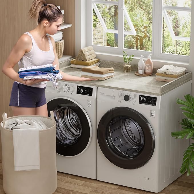 Aheaplus Washer and Dryer Countertop, Laundry Room Organization with Non-Slip Pads, Wood Shelf Topper with Round Corner Edge Rails, Folding Organizer for Laundry, 54" W x 27.5" D, White Oak - Image 3