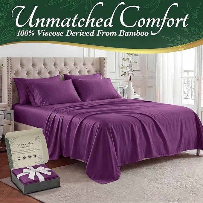 DECOLURE 100% Viscose Derived from Bamboo Sheets Full Size - Luxury 6 Pc Naturally Cooling Sheets, Ultra Soft Bed Set - Deep 17" Pockets, Durable Double Stitching, Oeko Tex Standard (Purple)