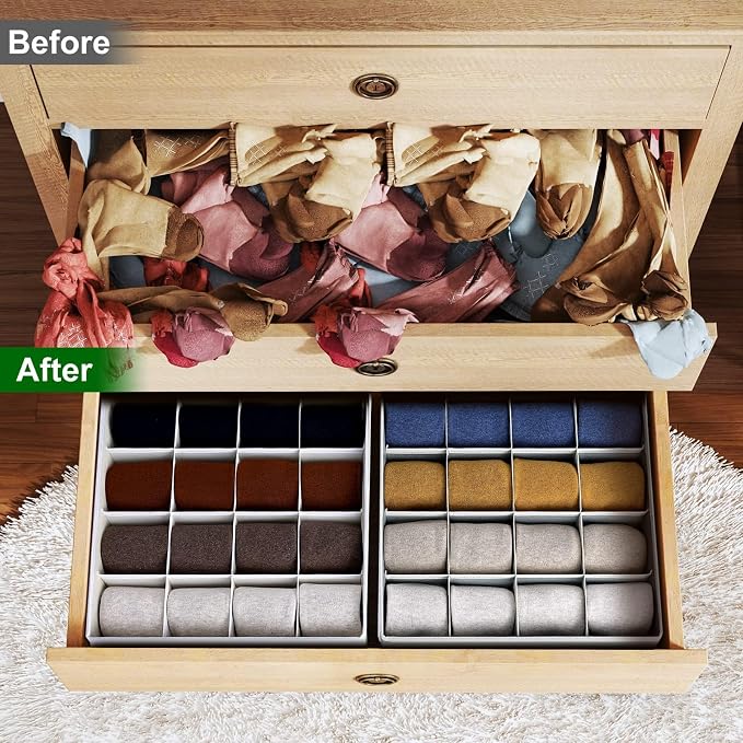 Joyoldelf Sock Drawer Organizer Divider Underwear Organizer 16-cell Fabric Dresser Drawer Organizers Storage Boxes for Socks Lingerie, Handkerchiefs, Ties 4 Pack (Grey) - Image 6