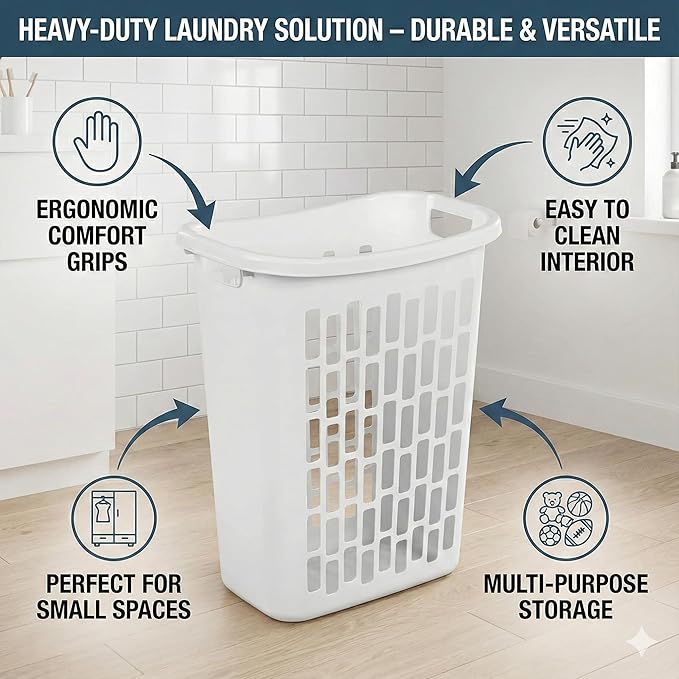 Bushel Laundry Hamper, Slim Rectangular Ventilated Plastic Clothes Basket, Heavy Duty Washing Bin With Reinforced Handles for Bathroom, Dorm, and Closet Organization, White, 1 Pack - Image 4
