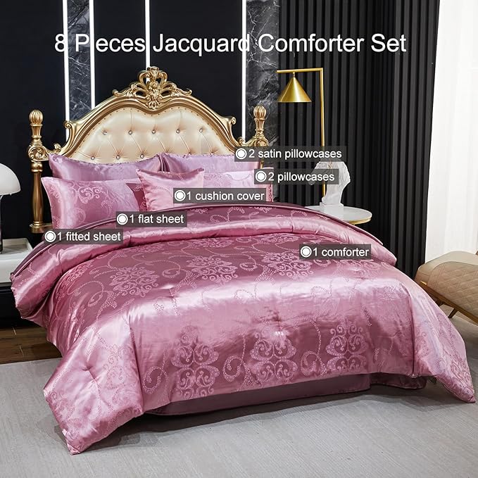 Elegant Jacquard King Comforter Set Satin Sheet Set Pink Bedding Set 8 Pcs Vintage Neoclassical Floral Bed Home Decor Soft Down Comforter Luxury Hotel Silky Bed in a Bag with 1 Cushion Cover