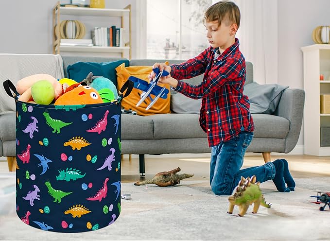 Collapsible Kids Laundry Basket Clothes Hamper, Foldable Storage Organizer Bin, Toy Clothes Storage with Handles for Boys Girls Bedroom, Room Decor Dinosaur - Image 4