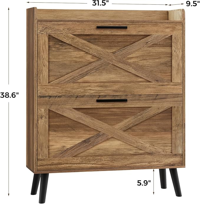 Homleke 32" W Farmhouse Shoe Storage Cabinet with 2 Flip Drawers and Barn Door Design, Adjustable Shelves, Hidden Slim Narrow Shoe Rack Cabinet for Entryway, Foyer, Hallway, Living Room, Rustic Walnut - Image 2