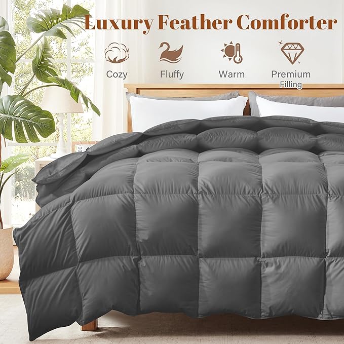 Cosybay Heavyweight Queen Feather Down Fiber Comforter - Dark Grey Fluffy Thicker Duvet Insert- Soft Bedding Comforters with Cotton Cover - 90 x 90 Inch