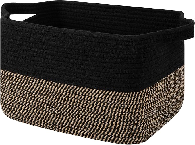 OIAHOMY Woven Storage Basket for Shelves, Rectangle Cotton Rope Baskets for Organizing, 13 x 10 x 9 in, Storage Bins for Dog Toys,Towel,Books,Gift,Black and Brown by MasterofSpaceOptimization