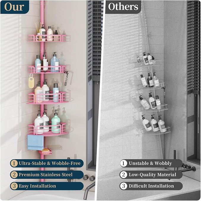 Consumest Corner Shower Caddy Tension Pole - Rustproof Shower Shelves with Towel Bar & Soap Holder, Adjustable Bath Organizer for Bathroom Storage, 27.6-108.3 inch, Pink - Image 2