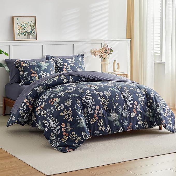 AIKASY 7-Piece Queen Size Bed in a Bag Comforter Set - Blue Fog Floral Ensemble with Reversible Botanical Flowers Comforter, Sheets, Pillowcases & Shams