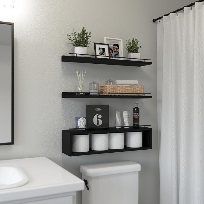WOPITUES Floating Shelves for Wall 24 inch with Cube Shelf, Wall Shelves with Metal Rail for Decor, Bathroom Organizers and Storage, Over Toilet Shelves for Bathroom, Toilet Paper-Black - Image 2