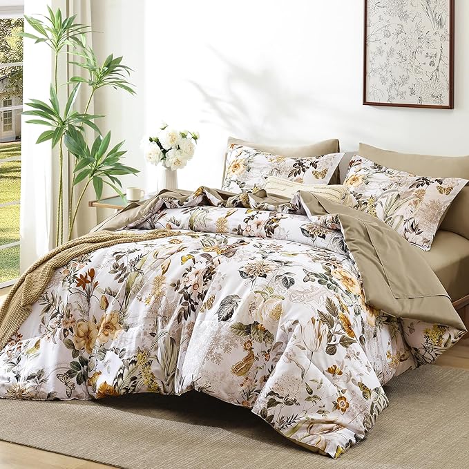 WONGS BEDDING 7 Pieces Bed in a Bag, Brown Comforter Set Queen Size, Colorful Botanical Flowers Leaves Pattern Bedding Set with Comforter, Sheets, Pillowcases & Shams