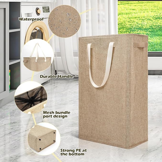 Odonata Slim Laundry Hamper Handles Collapsible Laundry Basket Thin Dirty Clothes Basket Narrow Laundry Bag Foldable Dirty Hamper 45L (Light Khaki) - Image 6