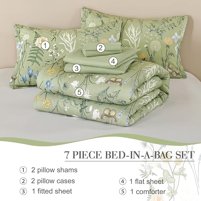 Yiran Sage Green Floral Comforter Set Queen Size, 7 Piece Botanical Comforter Bedding Set, Farmhouse Bed in a Bag, Soft Microfiber Complete Bedding Set with Sheets for All Season