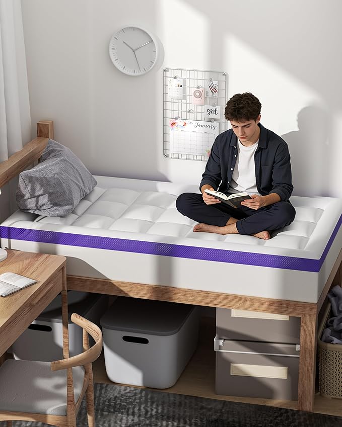 Dual Layer 4 Inch Memory Foam Mattress Topper Twin XL - 2 Inch Gel Memory Foam and 2 Inch Pillow Top Mattress Pad, 7-Zone Egg Crate Twin XL Size Mattress Topper(White)