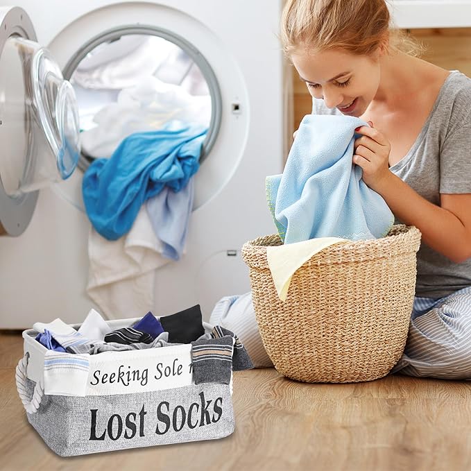 2 Pack Lost Socks Basket for Laundry Room, Fabric Missing Sock Holder for Single Sock Organization, Collapsible Lost Socks Bin Stockings Container, Farmhouse Laundry Room Decor and Accessories - Image 8