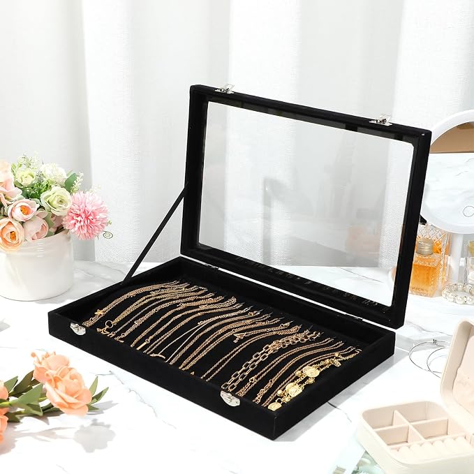 Yinkin 2 Pcs 100 Slots Ring Organizer Box with Transparent Glass Lid Necklace Display Tray Ring Case Velvet Jewelry Holder (Black) - Image 5