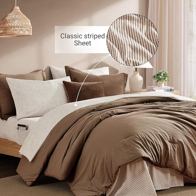 Monbix Queen Comforter Set - 7 Pieces Brown Prewashed Bed in a Bag Queen Bedding Sets with Comforters, All Seasons Ultra Soft Comforter Bed Set with Sheets,Pillowcases & Shams