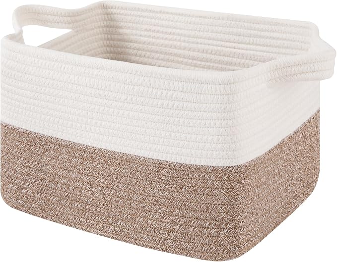 OIAHOMY Woven Storage Basket for Shelves, Rectangle Cotton Rope Baskets for Organizing, 13 x 10 x 9 in, Storage Bins for Dog Toys,Towel,Books,Gift,Flax Brown and White by MasterofSpaceOptimization