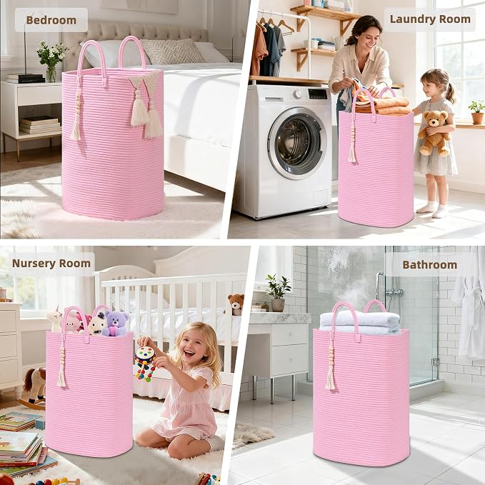 Woven Laundry Basket for Clothes, 65L Large Rectangle Laundry Hampers, Nursery Storage Basket for Toys, Tall Dirty Clothes Hamper for Bedroom Aesthetic, Bathroom, Laundry Room - Image 5