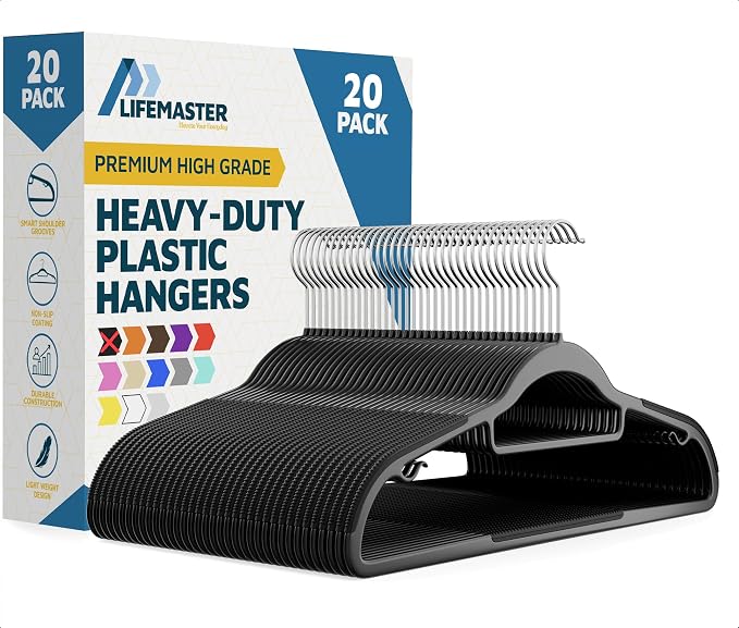 Lifemaster Versatile Clothes Hanger Set - 20 Pieces Space-Saving Dry and Wet Clothes Hanger Set with 360° Swivel Hook and Non-Slip Rubber Design - Black by LIFEMASTER
