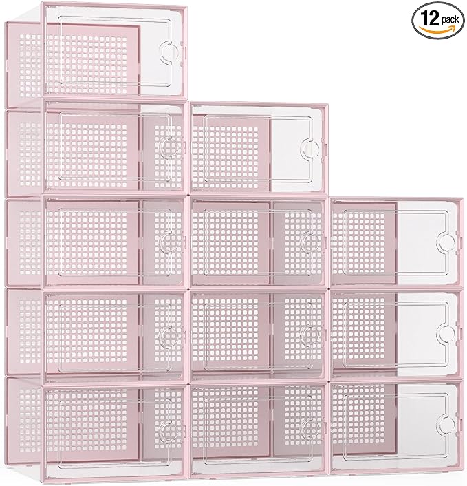 Kuject X-Large Shoe Storage Boxes Organizers Clear Plastic Stackable 12 Pack, Shoe Rack & Holder Substitute, Sneaker Containers, Toy Storage Organizer Bins for Entryway, Closet, Under Bed, Pink by Kuject
