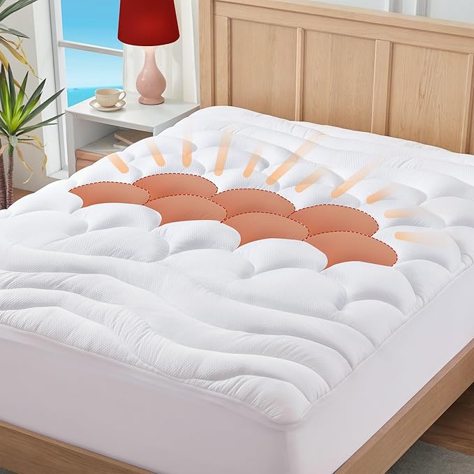 Queen Mattress Pad for Back & Hip Pain Relief, Pillow Top Cooling Bed Topper Quilted Fitted, Hotel Quality Deep Pocket Soft Queen Mattress Protector Cover Washable (60x80 inch, White)