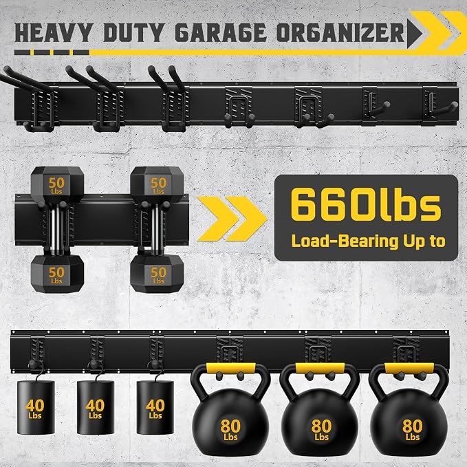 48" Garage Tool Organizer Wall Mount, 660lbs Heavy Duty Steel Garden Tool Storage Rack with 9 Adjustable Hooks for Yard, Shed, Garage (3 Racks, 9 Hooks, 2 Straps) - Image 3