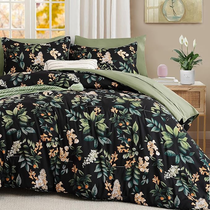Cottolester Black Comforter Set King Size,7-Piece Black Comforter Bed in A Bag,Botanical Comforter Set with Pillowcases,Soft Microfiber Complete Bedding Sets for All Season