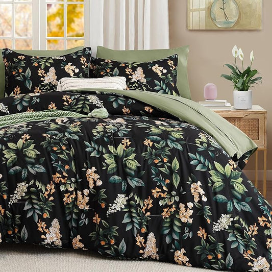 Cottolester Black Comforter Set King Size,7-Piece Black Comforter Bed in A Bag,Botanical Comforter Set with Pillowcases,Soft Microfiber Complete Bedding Sets for All Season