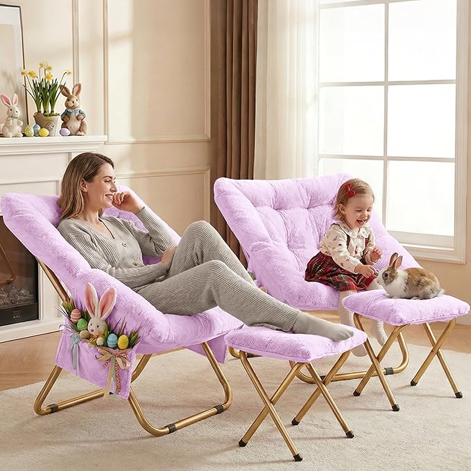 Kasunpul Comfy Saucer Chair, Foldable Living Room Chairs, Soft Faux Fur Lounge Chair for Bedroom, Reading Chairs for Adults, Teens, X-Large (Lavender)
