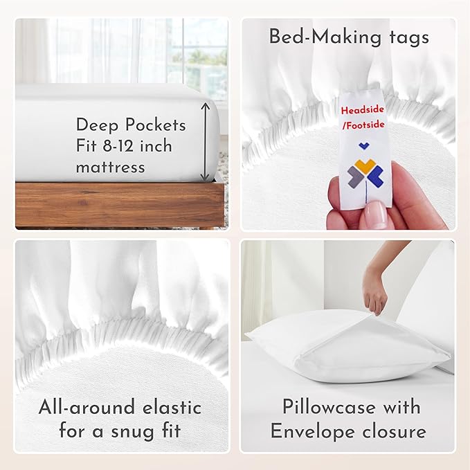 California Design Den Twin Sheets Set - Natural 100% Cotton Sheets with 12" Pockets, Soft Sateen Weave, Breathable and Durable Bedding Set for Dorm Rooms, College (White)
