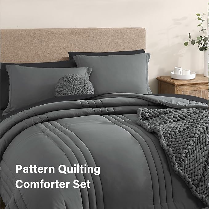 Monbix Full Comforter Set - 7 Pieces Grey Bed in a Bag Full Size Bedding Sets with Comforters, All Seasons Comforter with Sheets, Pillowcases & Shams