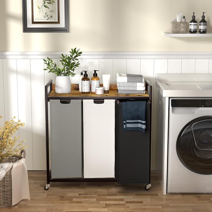 Herture Laundry Hampers with Shelf, Laundry Basket 3 Section, Laundry Sorter with Pull-Out Removable Large 3 Color Bags and Movable Wheels, Metal Frame, 3 x 15.87 Gallons (60L), Rustic Brown PF04XLN - Image 2