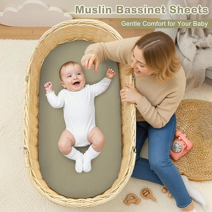 Basumee Muslin Bassinet Sheets for Baby Girl Boy 2 Pack Soft Breathable Baby Bedside Bassinet Fitted Sheets with Bottom Elastic Band Mattress Cover for Rectangle Oval Hourglass Bassinets