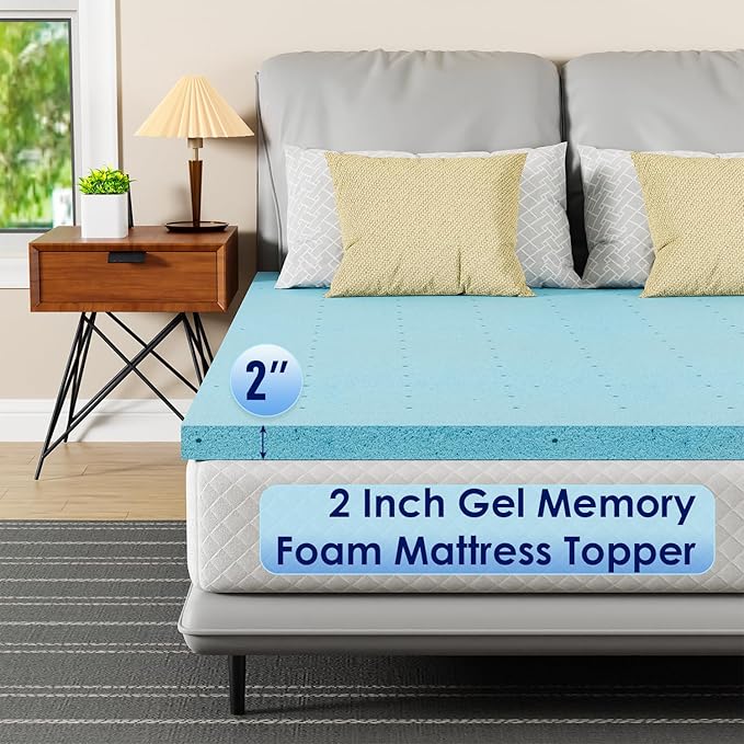 PayLessHere 2 Inch Gel Memory Foam Mattress Topper/Gel Infused Queen Mattress Topper/CertiPUR-US Certified/Easy to Clean,Blue