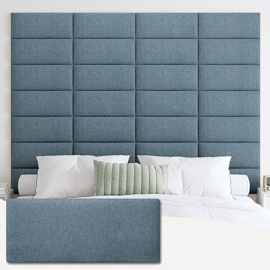 IFNOW Upholstered Wall Mounted Peel and Stick King Size Headboard, Soundproof 3D Wall Panels, Reusable and Removable Tufted Bed Headboard in Dusty Blue (12 Panels, 10" x 24")