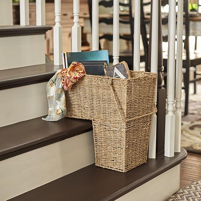 Household Essentials Wicker Stair Basket with Handles, Handwoven Seagrass, Natural - Image 8