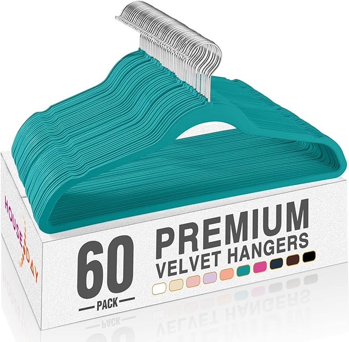 HOUSE DAY Mint Green Velvet Hangers 60 Pack, Non Slip Clothes Felt Hanger Heavy Duty for Coat, Premium Slim Space Saving Suit Hangers for Closet Organizer, 360° Rotating Silver Hook by HOUSEDAY