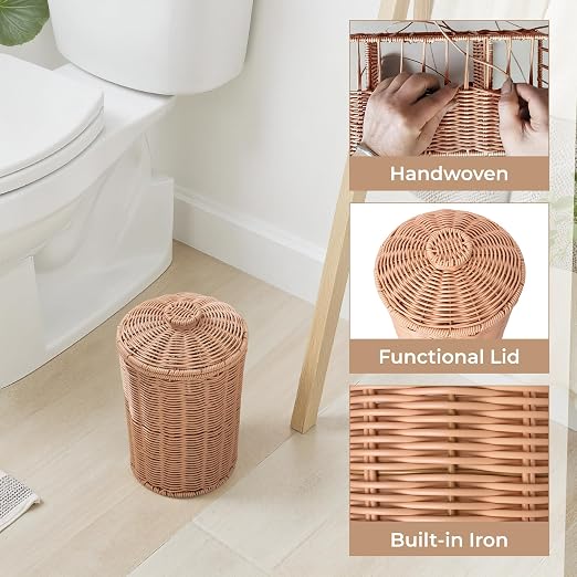 GRANNY SAYS Wicker Small Bathroom Trash Can with Lid, 2 Gallon Cute Decorative Waste Basket for Bedroom and Dorm, Office Garbage Cans for Under Desk, Mini Round Trash Bin for Decor, Nude Color - Image 4