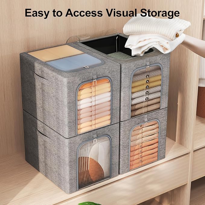 GoMaihe Clothes Storage Bin with Metal Frame: 4-Pack Stackable Closet Storage Bin with Lid & Clear Window, Sweater Boxes Storage for Closet Clothing Bedding Storage Organizer 40L - Image 5