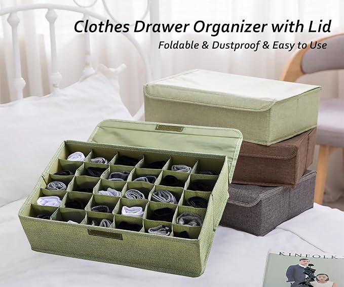 AARAINBOW 2 Packs Underwear Socks Ties Storage Organizer with Lids Foldable Closet Drawer Organizer 60 Cells, Fabric Drawer Wardrobe Divider Storage Boxes for Scarves and Lingerie (30 Cell, 2 Green) - Image 3