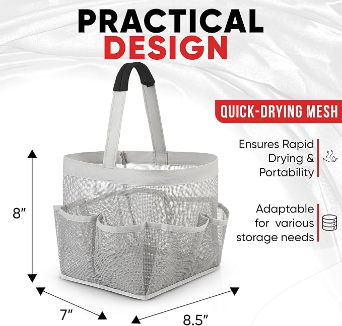 Masirs Mesh Shower Caddy – 9 Pocket Portable Shower Caddy Organizer for College Dorm, Travel, Gym, Bathroom – Quick Dry, Lightweight Tote Bag for Toiletries & Essentials, Gray - Image 3