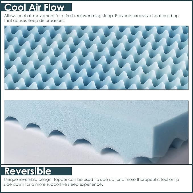 Treaton, 3-Inch Premium Convoluted Gel Memory Foam Toppers for Enhanced Comfort and Support, Twin, Blue