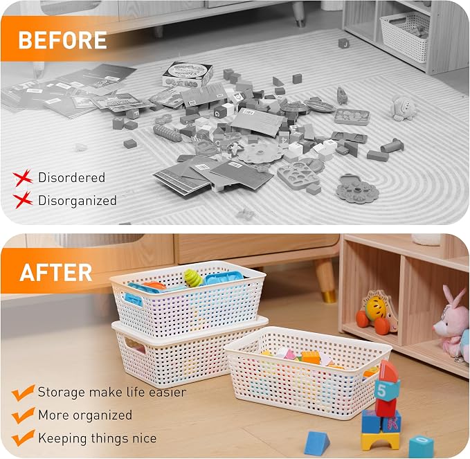 Plastic Storage Baskets With Lid, Storage Bins for Organizing, Stackable Decorative Containers for Shelves Drawers Desktop Closet Playroom Classroom Office, 6 Pack- White - Image 5