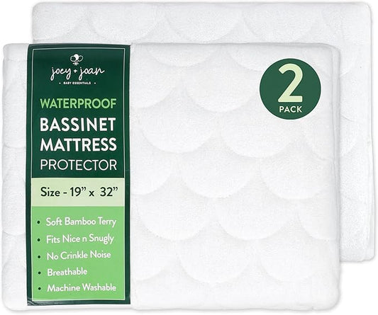 Joey + Joan Waterproof Bassinet Mattress Pad Cover 19" x 32" for Cowiewie Bedside Sleeper Bassinet Sheets – Made from Ultra Soft Bamboo Viscose Terry – 2 Pack