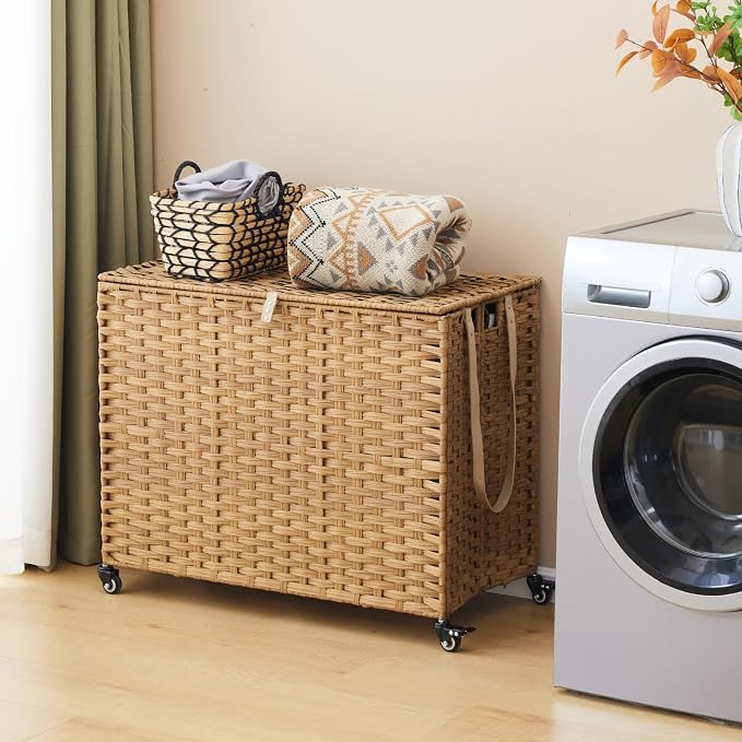 Laundry Hamper with Wheels, 52.8 Gallon(200L) Rolling Laundry Basket with Lid, 3-Section Rattan Clothes Hamper with 3 Removable Liner & 3 Mesh Bags, Laundry Sorter with Side Pocket, Natural - Image 2